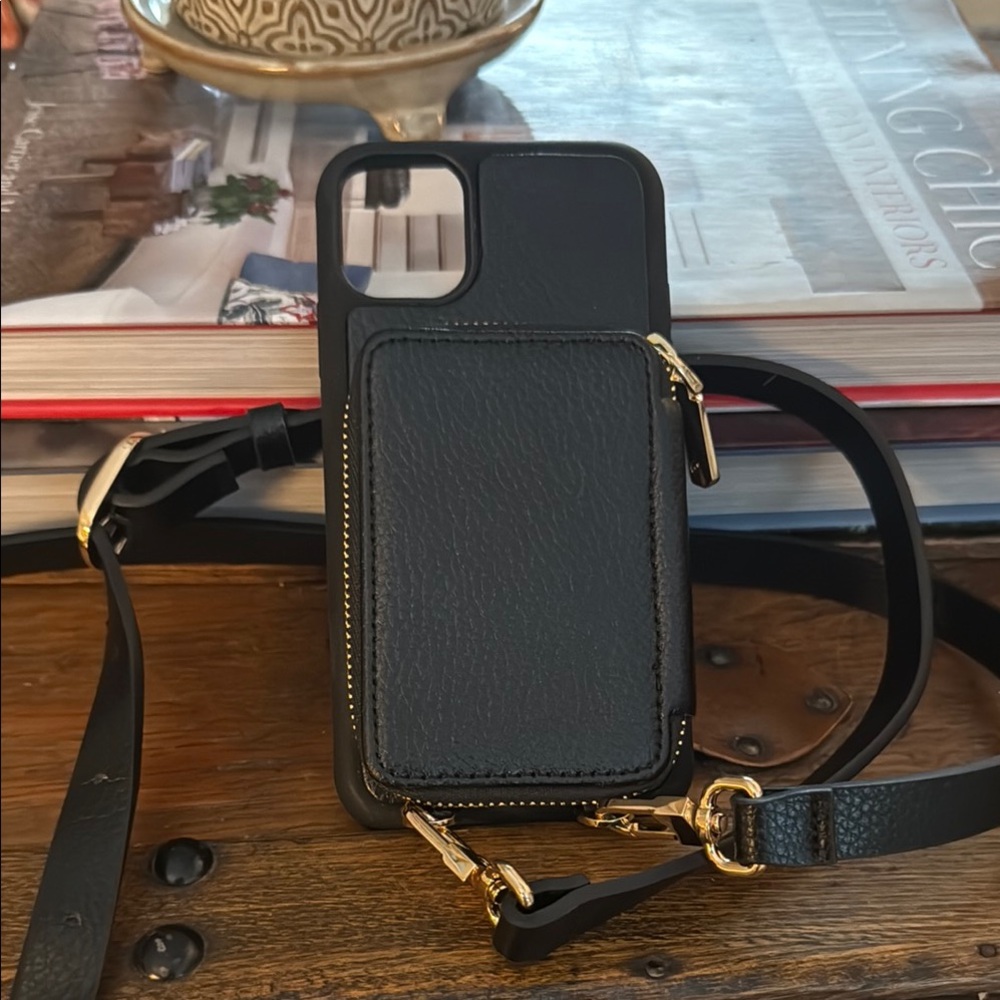 Black Leather Phone Case with Strap. iPhone 11.